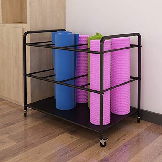 Yogamatten Opbergrek op Wielen 80 x 50 x 70 cm – Groot Metalen Yoga & Pilates Matten Organizer voor Thuisgym, Studio & Fitnessruimte – Heavy Duty Rollend Opslagrek voor 10+ Matten