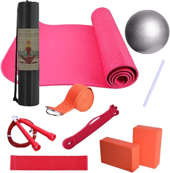 Yogaset - Fitness set - Thuis sporten - Compleet met accessoires - 183x61cm mat - Rood