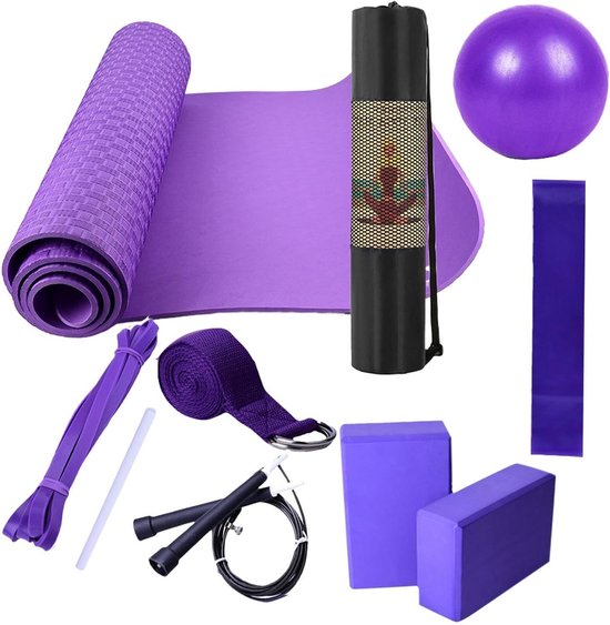Yogaset - Pilates set trainingsapparatuur - Thuis sporten - Met draagtas en weerstandsbanden - 183x61cm - Paars