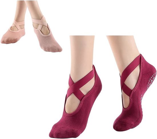 Yogasokken 2 Paar Antislip - Sportsokken Dames - Elastische Kruisbanden - Ademend Katoen - Maat 35-42 - Schokabsorberend