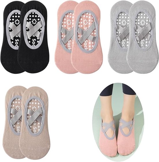 Yogasokken (4 paar) - Antislipsokken - Antislip yogasokken voor dames - Maten 35-41 - Pilatessokken voor dames, Antislip - Fitness Antislip - Geschikt voor Pilates, Dans, Fitness van Merkloos