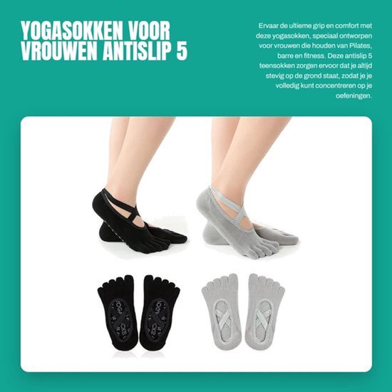 Yogasokken Antislip - Pilatesokken - 5 Teensokken - 2 Paar - Ademend Materiaal - Maat UK 4-6 / EUR 36-39 - Antislip Sokken