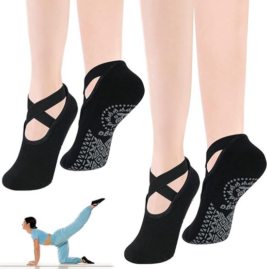 Yogasokken - Antislipsokken - Antislip - Sportsokken - Gesloten teen - Geschikt voor yoga, pilates, dans, blote voeten, ziekenhuis, etc. - Zwart - 2 paar van Merkloos