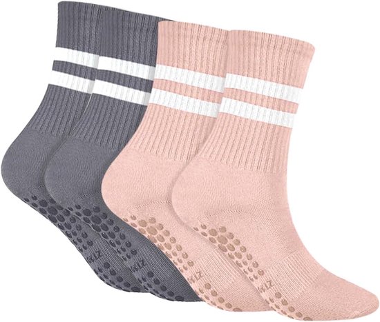 Yogasokken met antislip grips voor dames en meisjes, lange pilatessokken voor thuisgym en fitness – roze en grijs. van Merkloos