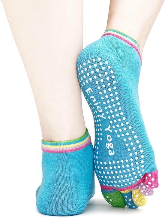 Yogasokken - Sportsokken - Anti slip sokken - Pilates - Teensokken - Gripsokken - Antislip - Fitness socks - Tegen uitglijden - Sokken met losse tenen - Maat 36-40 - Blauw/multicolor - Jonyx