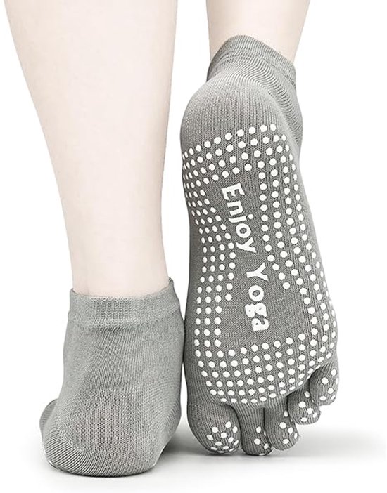 Yogasokken - Sportsokken - Anti slip sokken - Pilates - Teensokken - Gripsokken - Antislip - Fitness socks - Tegen uitglijden - Sokken met losse tenen - Maat 36-40 - Grijs - Jonyx
