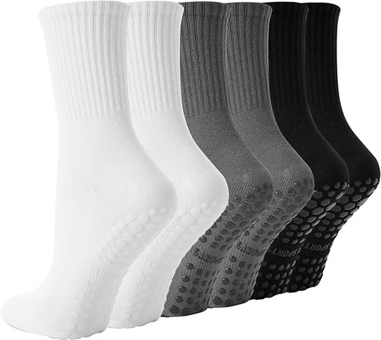 Yogasokken voor dames - verpakking van 3 paar - Yogasokken van puur katoen met antislip - Antislipsokken - Antislipsokken voor dames - Yoga Fitness - Cadeau voor vrouwen - Moeders - Zwangere vrouwen - Ziekenhuiscadeau - 20*20cm-Wit + Zwart + Grijs van Merkloos