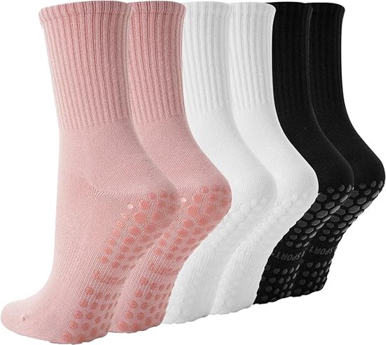 Yogasokken voor dames - verpakking van 3 paar - Yogasokken van puur katoen met antislip - Antislipsokken - Antislipsokken voor dames - Yoga Fitness - Cadeau voor vrouwen - Moeders - Zwangere vrouwen - Ziekenhuiscadeau - 20*20cm-Wit + Zwart + Roze van Merkloos