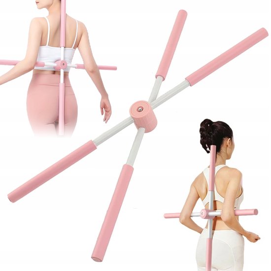 Yogastok voor Houdingscorrectie - 77 cm Yoga stick - Postuur Corrector Stang - Opvouwbaar - Zelfvergrendelend - Hulpmiddel voor Het Stretchen Van de Rug - Voor Thuis en Studio - Roze