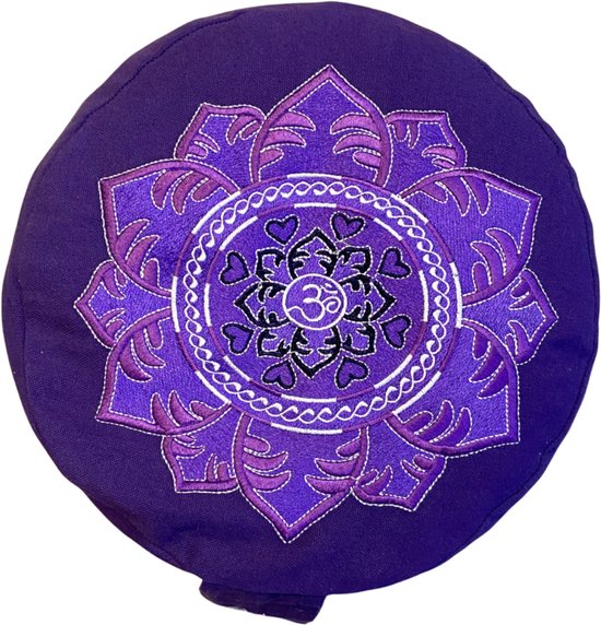 YogaStyles Design Meditatiekussen rond - Paars met Lotus en Ohm van YogaStyles