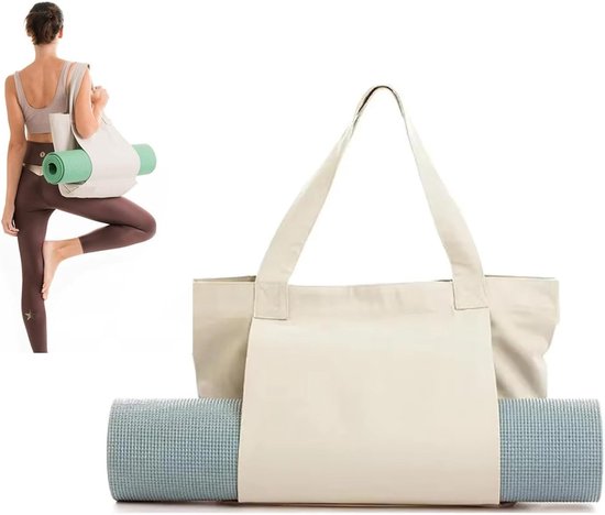 Yogatas - Met houder voor yogamat - Schoudertas met zak - Multifunctionele fitness-schoudertas - Grote capaciteit voor yoga-accessoires - Canvas tas - Geschikt voor sportschool, kantoor, reizen, strand, oefeningen, sport - Khaki
