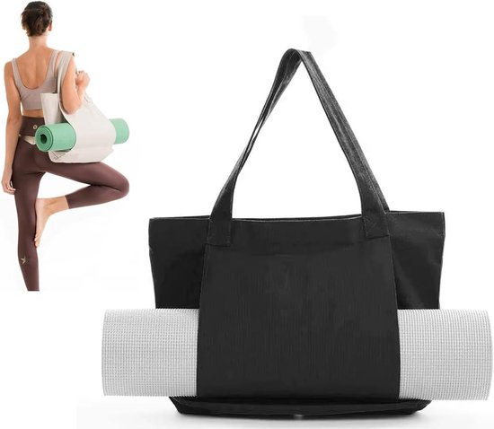 Yogatas - Met houder voor yogamat - Schoudertas met zak - Multifunctionele fitness-schoudertas - Grote capaciteit voor yoga-accessoires - Canvas tas - Geschikt voor sportschool, kantoor, reizen, strand, oefeningen, sport - Zwart van Merkloos