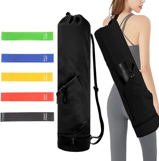 Yogatas met vak voor nat en flessenvak, verstelbare schouderriem, yogamattas + 5 rubberen sportbanden, voor pilates, yogamatten en yoga-accessoires van Bodymate