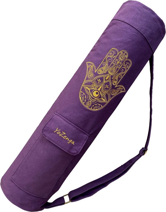 YoZenga Hamsa Yogatas - Deep Purple - Yoga Koker Tas - Stevig Canvas - Gouden Hamsa Borduursel - Verstelbare Schouderband