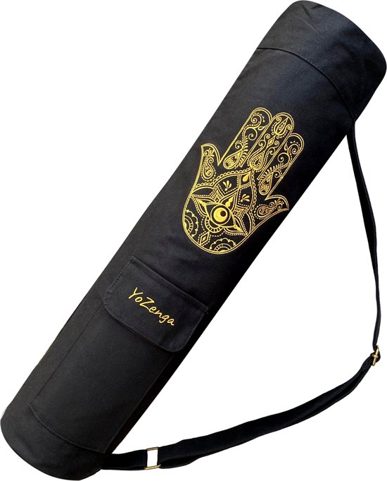YoZenga Hamsa Yogatas - Olive Black - Yoga Koker Tas - Stevig Canvas - Gouden Hamsa Borduursel - Verstelbare Schouderband
