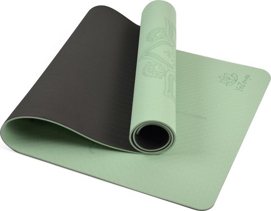 YoZenga Premium Mat Mandala Flower Matcha/Black - Yoga Mat - Extra Dikke Antislip TPE Sportmat - Duurzaam & Lichtgewicht - Inclusief Draagriem van YoZenga