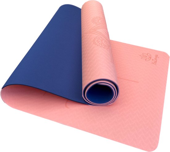 YoZenga Premium yoga mat | sportmat | Fitnessmat | extra breed | extra dik | TPE | Mandala Flower Salmon pink/Navy blue | Inclusief Draagriem van YoZenga