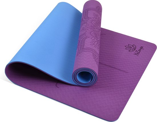 YoZenga Premium yoga mat | sportmat | fitnessmat | extra dik | extra breed | Mandala Flower Violet Purple/Blue | TPE | Inclusief draagriem van YoZenga