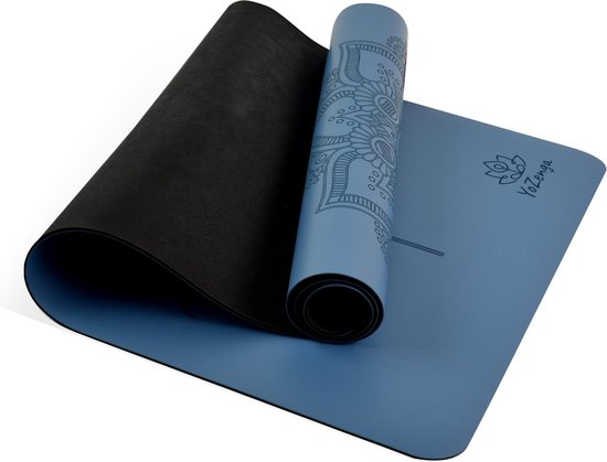 YoZenga Premium yoga mat | sportmat | Fitnessmat | Pro grip | extra breed | natuurlijk rubber | Mandala Flower Blue | Inclusief gratis draagriem van YoZenga