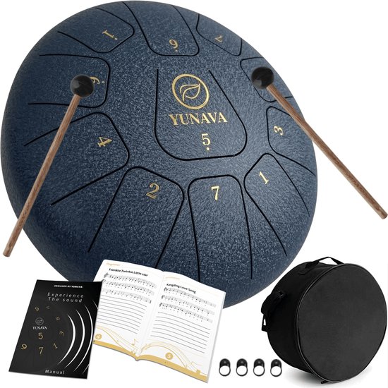 Yunava Handpan - 30 cm ø - Donker Blauw - Steel Tongue Drum - Hand Klankschaal incl. Lesboek & Beschermtas - Hangdrum van Merkloos