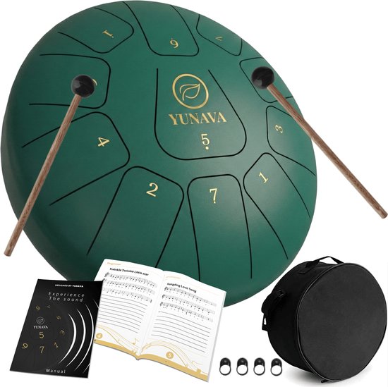 Yunava Handpan - 30 cm ø - Donker Groen - Steel Tongue Drum - Hand Klankschaal incl. Lesboek & Beschermtas - Hangdrum van Merkloos