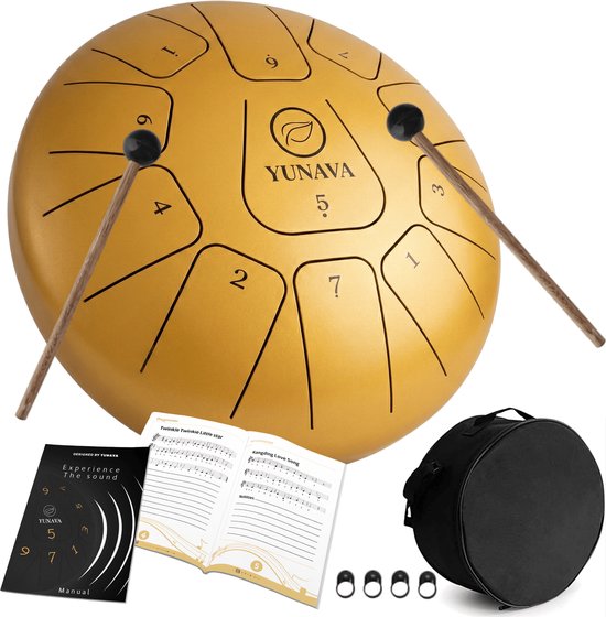 Yunava Handpan - 30 cm ø - Goud - Steel Tongue Drum - Hand Klankschaal incl. Lesboek & Beschermtas - Hangdrum van Merkloos