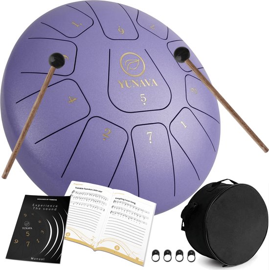 Yunava Handpan - 30 cm ø - Paars - Steel Tongue Drum - Hand Klankschaal incl. Lesboek & Beschermtas - Hangdrum