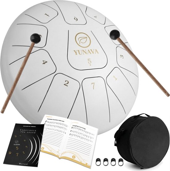 Yunava Handpan - 30 cm ø - Wit - Steel Tongue Drum - Hand Klankschaal incl. Lesboek & Beschermtas - Hangdrum van Merkloos