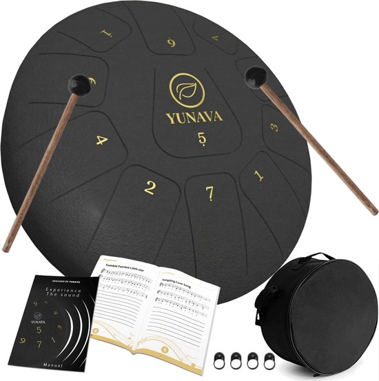 Yunava Handpan - 30 cm ø - Zwart - Steel Tongue Drum - Hand Klankschaal incl. Lesboek & Beschermtas - Hangdrum van Merkloos