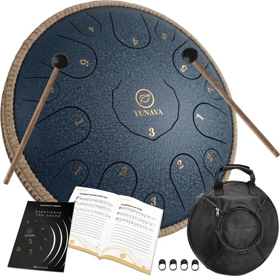 Yunava Handpan - 36 cm ø - Donker Blauw - Steel Tongue Drum - Hand Klankschaal incl. Lesboek & Beschermtas - Hangdrum