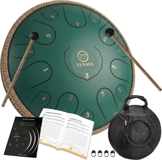 Yunava Handpan - 36 cm ø - Donker Groen - Steel Tongue Drum - Hand Klankschaal incl. Lesboek & Beschermtas - Hangdrum