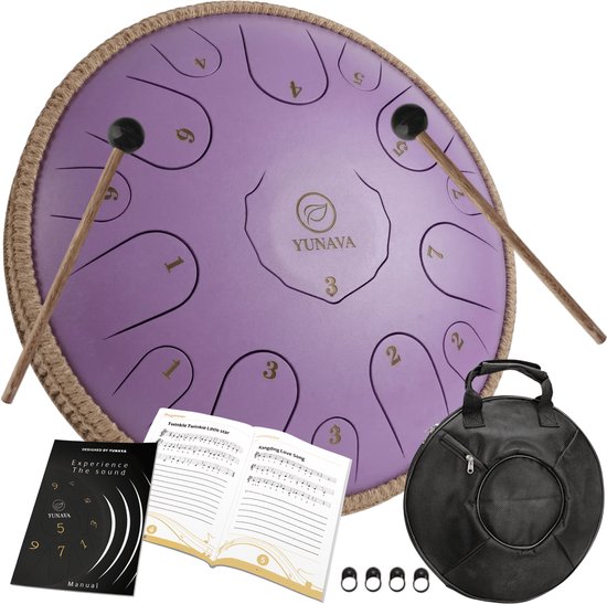 Yunava Handpan - 36 cm ø - Lavender - Steel Tongue Drum - Hand Klankschaal incl. Lesboek & Beschermtas - Hangdrum van Merkloos