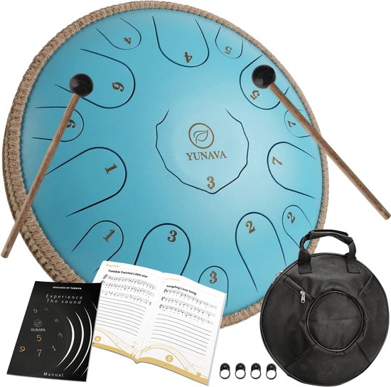 Yunava Handpan - 36 cm ø - Sky Blauw - Steel Tongue Drum - Hand Klankschaal incl. Lesboek & Beschermtas - Hangdrum