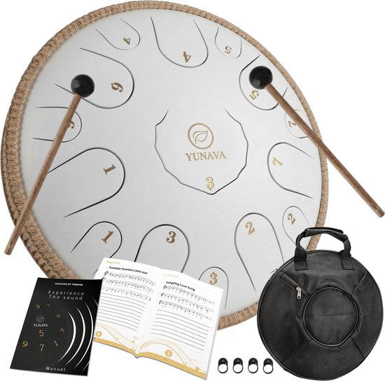 Yunava Handpan - 36 cm ø - Wit - Steel Tongue Drum - Hand Klankschaal incl. Lesboek & Beschermtas - Hangdrum