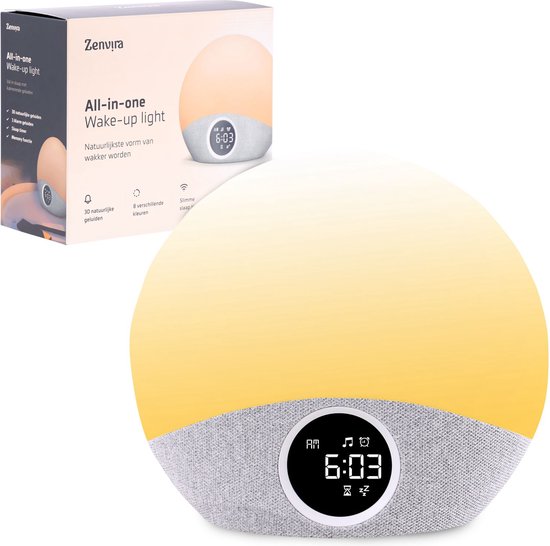 Zenvira Wake up light - Digitale wekker - Lichtwekker - Nachtlamp - 30 White noise geluiden - Met Snooze functie, Timer, 8 sfeer kleuren, licht dimmer, 5 wekker geluiden van Zenvira