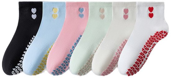 Zes paar damespilatessokken, antislip sokken tot halverwege de kuit, met een schattig hartjespatroon, geschikt voor ballet, yoga op blote voeten, fitness, ziekenhuis en andere gelegenheden. van Merkloos