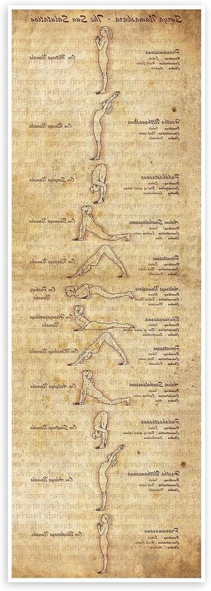 Zonnegroet Poster - Yoga Illustratie - Wanddecoratie Thuis - Premium Papier - 20 x 60 cm - Beige