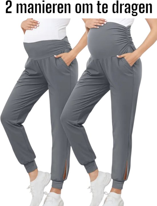 Zwangerschaps Joggingbroek - Zwangerschapslegging met Zakken - Maternity Pocket Pants - Comfortabel & Ademend met Buiksteun en Zijzakken - Stijlvol - Comfortabel - Grijs - Maat S van Merkloos