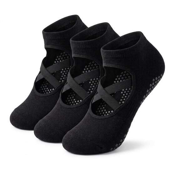 Zwart antislip pilates sokken dames 3 paar ademende ballet sokken met kruiselastiek siliconen antislip zool voetboogondersteuning enkelbescherming voor yoga pilates barre dans en fitness maat 36-40