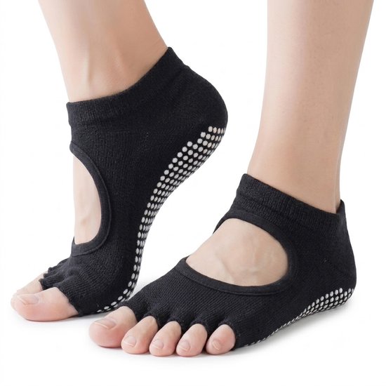 Zwart antislip pilates sokken dames ademende yoga sokken met kruisband en split teen siliconen antislip zool open tenen sport sokken voor pilates yoga barre dans fitness maat 36-40