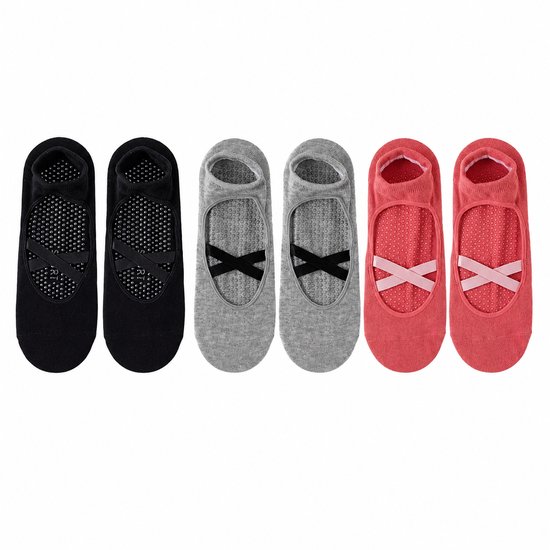 Zwart grijs rood antislip pilates sokken dames 3 paar ademende ballet sokken met kruiselastiek siliconen antislip zool voetboogondersteuning enkelbescherming voor yoga pilates barre dans en fitness maat 36-40