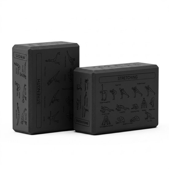 Zwarte Pilates blokken yoga blokken set unisex 2 delig EVA schuim antislip yogablokken met yogahouding gids op 6 zijden afgeschuinde randen voor yoga pilates meditatie stretching en balans