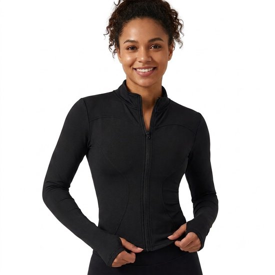 Zwarte sport jas dames slim fit volledige rits fitness jas yoga jas pilates trui hardloop jas met duim gaten hoge kraag aansluitend model lange mouwen euro maat S