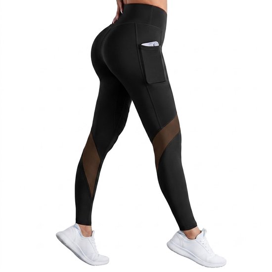 Zwarte yoga legging dames hoge taille sport legging compressie pilates legging butt lifting mesh panelen zijzak telefoonvak fitness legging elastische lange sportbroek L